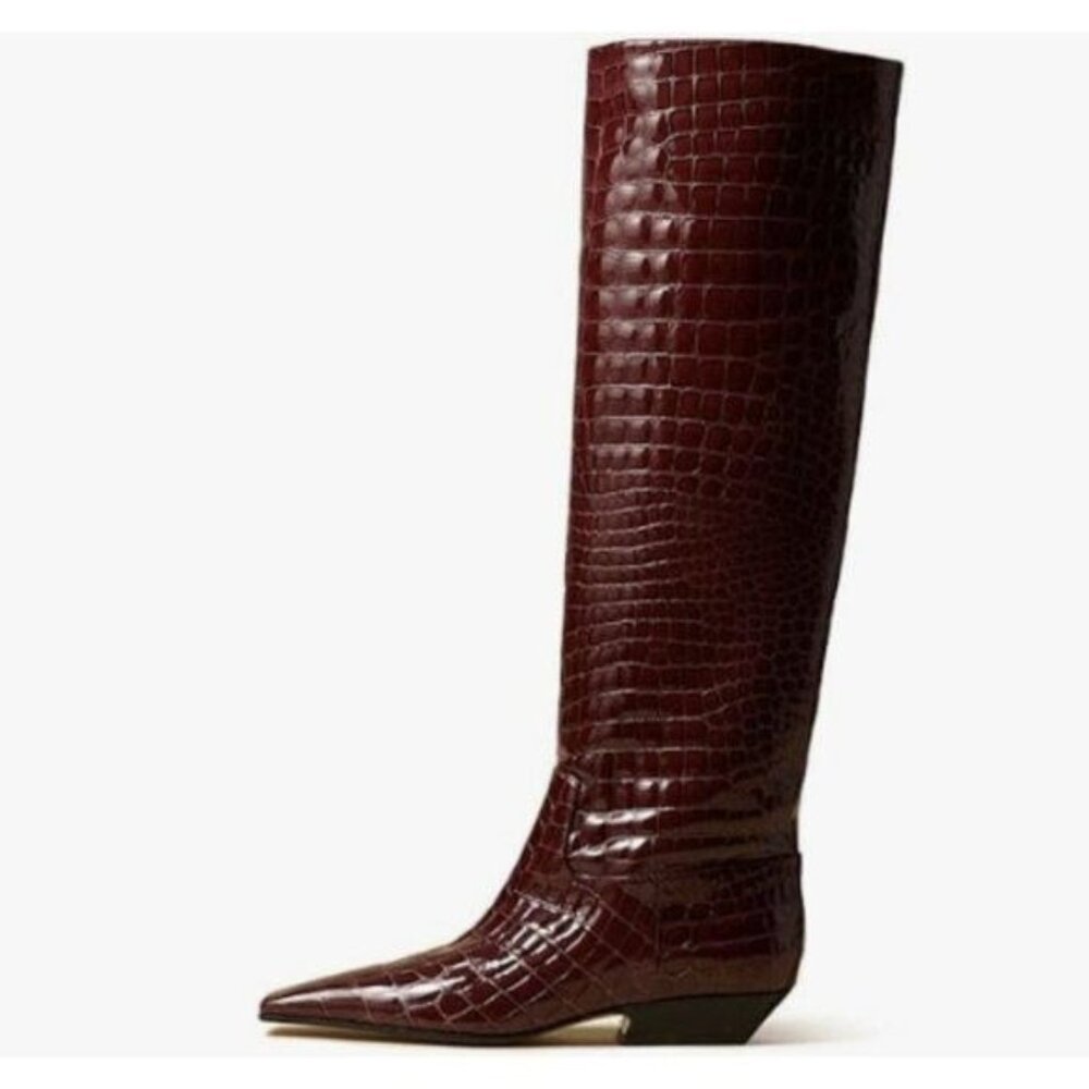 Women’s Burgundy Croc-Embossed Knee Boot